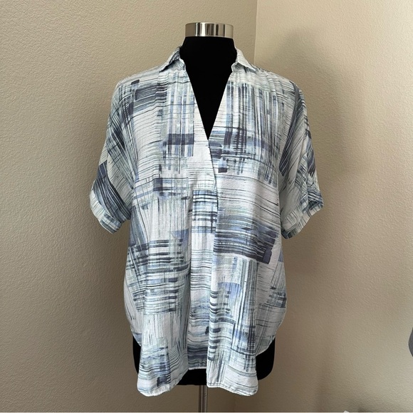 NIC+ZOE Short Dolman Sleeve V-neck Blue White Blouse - Picture 1 of 9